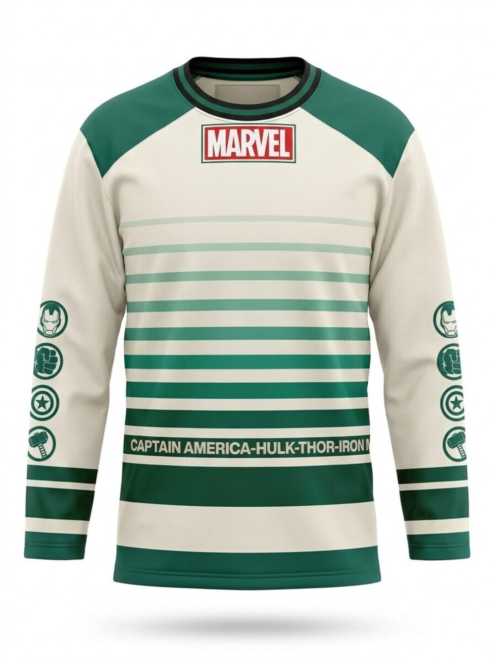 Marvel Avengers Hockey Jersey Long Sleeve Shirt Mens XL Cream Teal Retro NWT